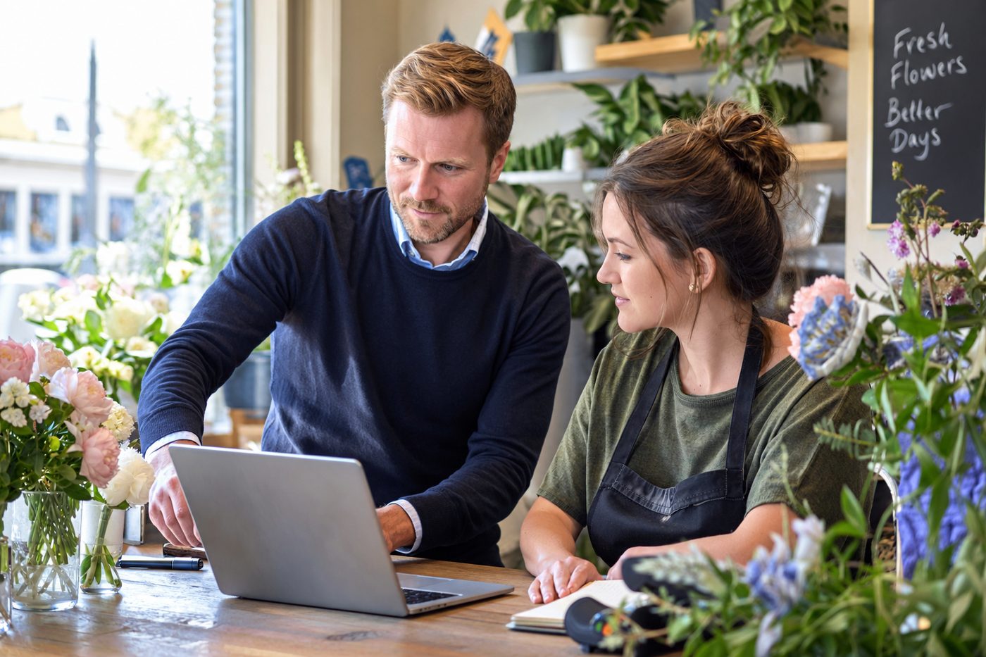 Rådgiver hjelper en blomsterbutikkeier med å se på tallene på en bærbar PC